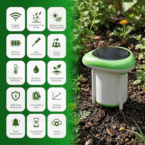 WiFi Soil Moisture Meter, 3-in-1 Smart Soil Tester for EC/Temp/Moisture, Wireless Plant Monitor with App, High Precision Digital Soil Sensor for Indoor Outdoor Garden & Lawn(Solar Powered)