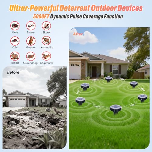 6 Pack Mole Repellent Solar Powered, Snake & Skunk & Vole & Gopher & Armadillo & Rabbit & Groundhog & Chipmunk & Raccoon Repellent for Yard, IP65 Waterproof Ultrasonic Deterrent for Lawns Garden - size: 1 Count (Pack of 6)