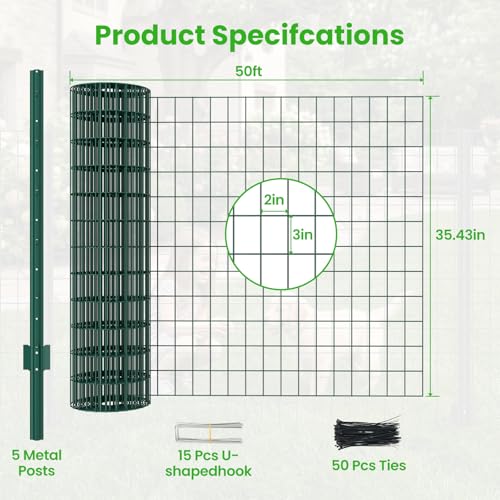 DoCred Welded Wire Fence 35.4inx 50ft, PVC Anti-Rust Coated Metal Wire Mesh - color: Green, size: 35.4Inch x 50FT