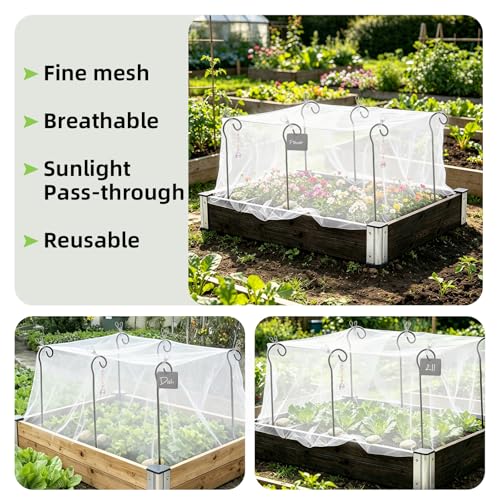 Garden Netting Kit for Raised Beds, 10 x 13 FT Ultra Fine Insect Mesh with 8 Upgraded Hook-Top Stakes & 20 Clips, Plant Cover for Vegetables, Fruits & Pest Protection
