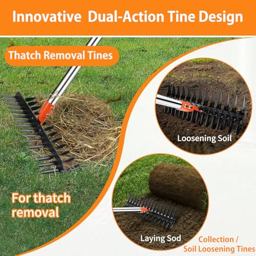 2-in-1 Thatch Rake with Dual Different Tines - Dethatcher Rake for Lawns, Versatile Lawn Rake for Thatch Removal and Soil Care, Heavy Duty Garden Rake Includes Reusable Waste Bag & Gloves