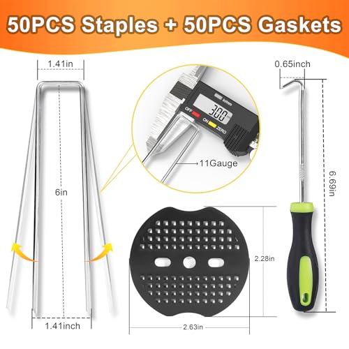 100 Pcs 6" 11 Gauge Landscape Staples with Gaskets & Remover Tool - color: Matt Black