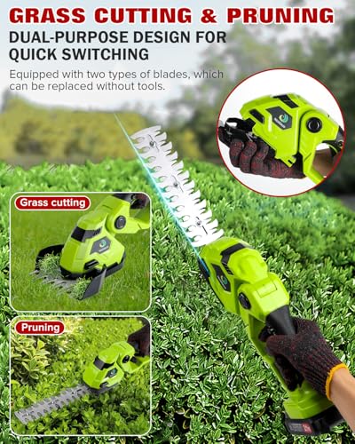 Cordless Hedge Trimmer,2-in-1 Bush Trimmer,Cordless Grass Shear & Shrubbery Trimmer with Dual-Action Blade Cutting Capacity,Hedge Shear with 2 PCS Rechargeable Battery and Charger for Garden,Lawn. - color: green-1