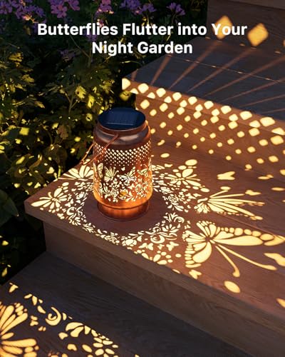 Outdoor Solar Powered Lantern Hang Waterproof Garden Butterfly Decor Lights - color: Warm White