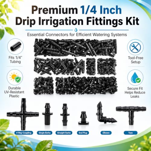 RAINFLOW Drip Irrigation Fittings Kit 1/4 Inch – Barbed Connectors, Tees, Elbows, End Plugs and Couplings, Tool-Free Drip Irrigation Parts for Garden, Greenhouse and Lawn Watering Systems