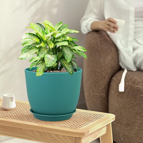 WSMKSZ Large Flower Pots 12/10/9 inch, Set of 3 Modern Decorative Plastic Planters with Drainage Holes and Saucers for House Plants, Plant Pots for Indoor Outdoor Plants, Blue Green - color: Blue-green, size: 12"+10"+9"
