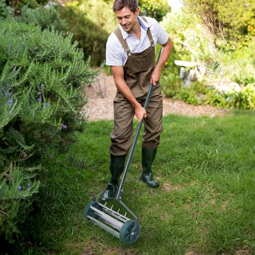 GYMAX Lawn Aerator, 17inch Heavy Duty Rolling Aerator with Sharp Spikes & Anti-Slip Handle, Push Grass Aerator for Lawn, Garden, Yard, Manual Aerator Tool (Basic) - style: Basic