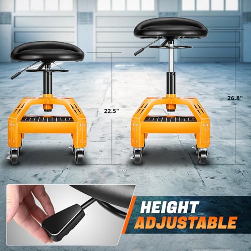 DNA Motoring Rolling Padded Seat Adjustable Height Seat 330lbs Capacity Rolling Mechanic Creeper Stool, W/Tool Storage Drawer & Tray, Black/Yellow,TOOLS-00599 - style: Grid Tray Yellow