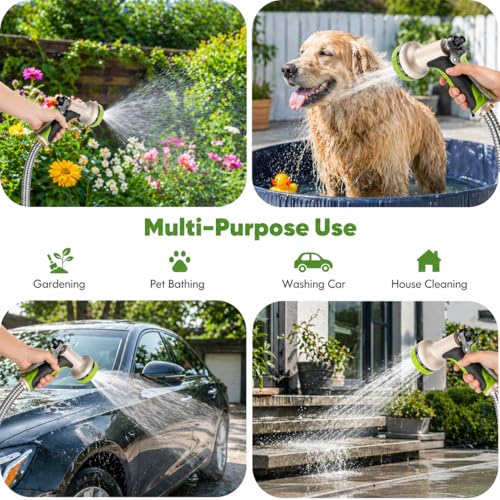 Garden Hose 50 ft, Metal Water Hose with 10 Function Nozzle Flexible, Heavy Duty, Lightweight, No-Kink, Pet Proof, Puncture Proof Hose for Yard, Outdoor