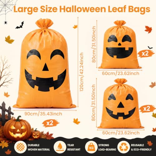 Pajean 6 Pcs Halloween Pumpkin Leaf Lawn Bags Reusable Woven Fall Yard