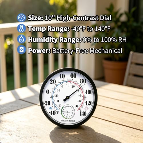 10" Indoor Outdoor Thermometer Hygrometer, Weatherproof Gauge (Black) - color: Black