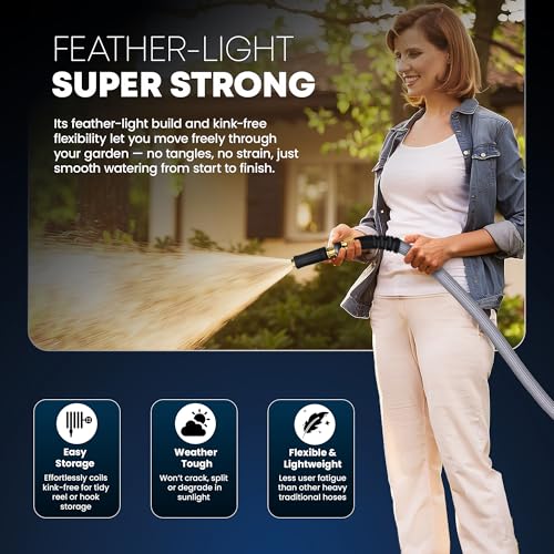 TITAN Flexible Garden Hose 15FT – Ultra Lightweight, Heavy Duty Water Hose with Brass Fittings & Jet Nozzle – Kink-Free, Non-Expanding, Durable Fabric Hose for Yard, Lawn, Car Wash, Outdoor Use - color: Gray, size: 15FT