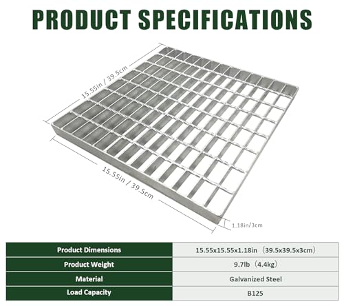 16in B125 Galvanized Steel Drain Grate(15.55x15.55 in) - color: Silver-1 Pack, size: 16x16 inch