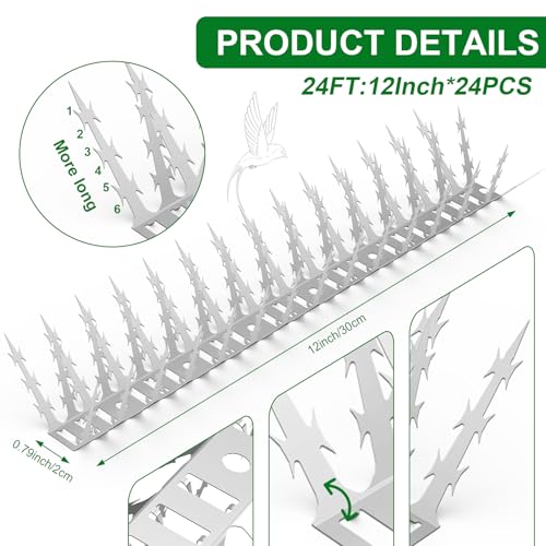 Bird Spikes for Outside 24 Pack 24 FT Stainless Steel Deter Pigeon Squirrel - size: 24 FT