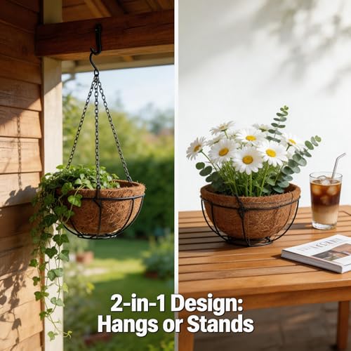 LX7 3-Pack Hanging & Wall-Mounted Plant Baskets with Natural Coconut Fiber Liner, Decorative Planters for Home Garden Patio Yard (3Pack FlatHanger, 10Inch) - size: 10Inch, style: 3Pack FlatHanger