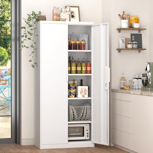 GREATMEET Metal Garage Storage Cabinets, 71" Tall Locking Metal Cabinets with Doors and Shelves, Utility Cabinet with Lock for Garage, Home, White - color: White, size: 17"D x 32"W x 71"H
