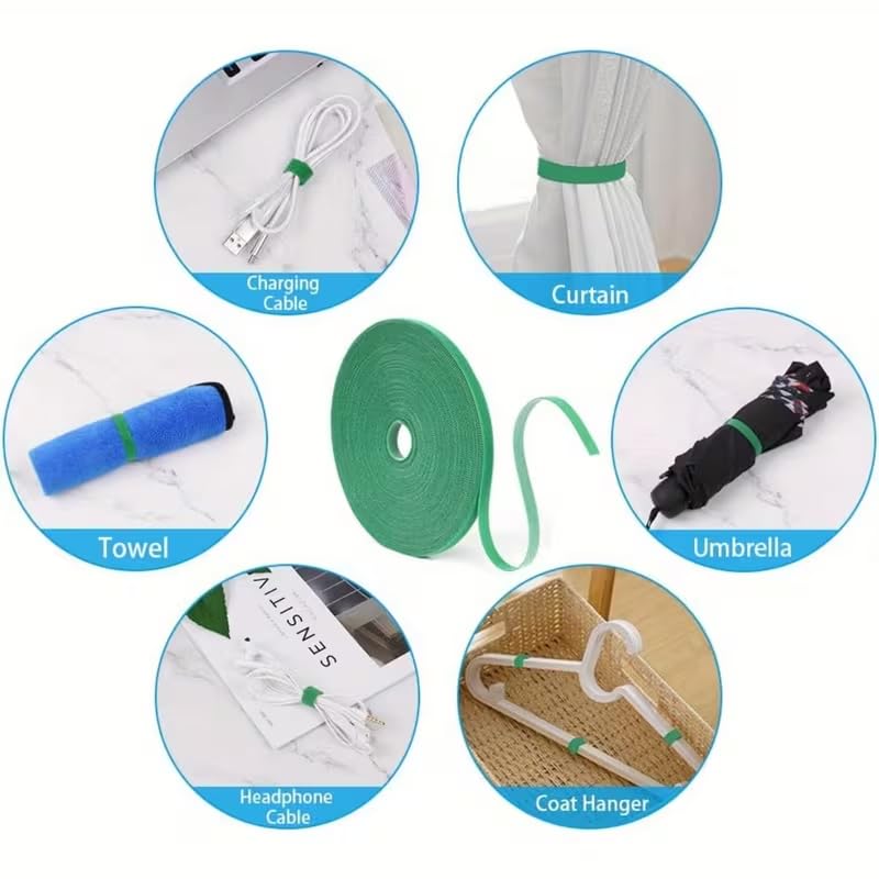 Green Garden Tape Plant Ties, 12mm x 1m Roll of Reusable Hook and Loop Straps for Supporting Climbing Plants, Tomatoes, Vines, Adjustable and Non-Slip