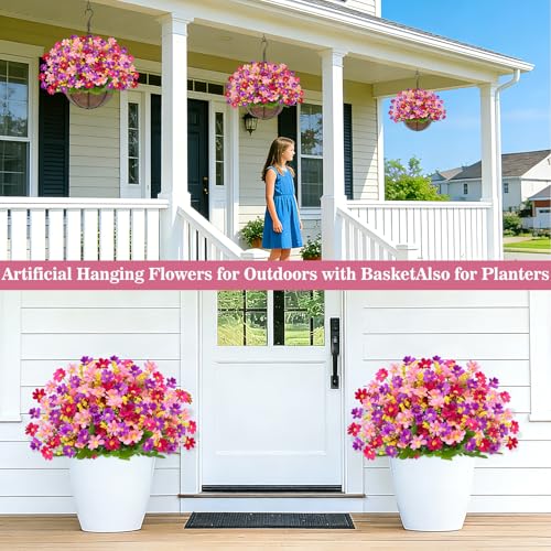 Artificial Hanging Flowers Basket for Outdoor Spring Summer Decor, Faux Silk Pink Purple Daisy Flowers in Hanging Planter,UV Resistant Fake Flower Look Real for Home Patio Balcony Yard Decor - color: Daisy Purple Mix