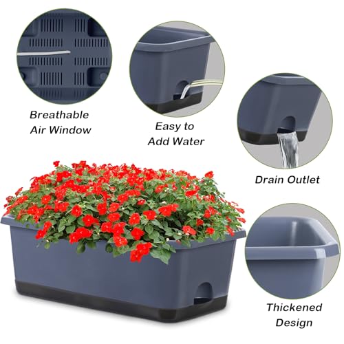Oliz Window Box Planter 8 Pcs, 17 Inches Rectangle Flower Pots with Drainage Holes and Trays, Vegetable Planters for Windowsill Patio Garden Balcony Home Porch Yard Indoor Outdoor (Grey) - color: Gray