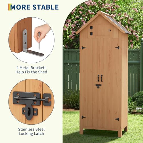 Outdoor Storage Cabinet with Shelves, Waterproof Wooden Storage Shed with Lockable Door, Space Saving Vertical Garden Tool Cabinet for Patio, Yard, Balcony, 69.7 x 28.3 x 21.3 in, Natural