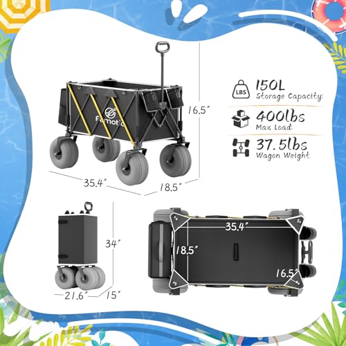 Beach Wagon with Big Wheels for Sand, 10.5" TPU All-Terrain Inflatable Wheels, Heavy Duty Folding Wagon, 150L Large Capacity, Collapsible Cart for Beach, Camping, Garden & Outdoor Sports (Black) - color: Black & Yellow
