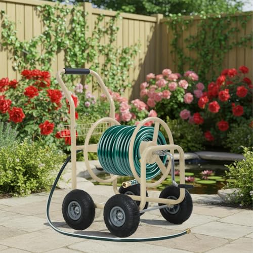 FDW Garden Hose Reel Cart, Water Hose Cart with 4 Wheels, Hold Up to 300 ft of 5/8’’ Hose,Heavy Duty Powder-Coated Steel Planting with Storage Basket, for Garden, Yard and Lawn - color: Tan-1