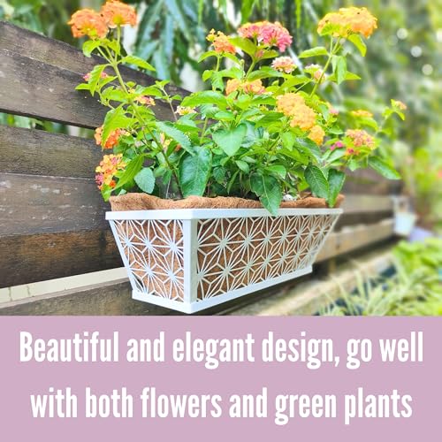 LaLaGreen Window Boxes Planter (2 Pack, 16 Inch) White Metal Rectangular Wall Planters with Coco Liner, Horse Trough Deck Railing for Outdoor Plants Holder, Modern Rail, Balcony, Fence, Porch Patio - size: 16" (41cm) x 2 pack