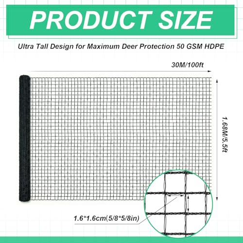 5.5ft*200ft Deer Fence Netting, Heavy Duty HDPE Mesh Animal Barrier, Black - size: 5.5ft*200ft