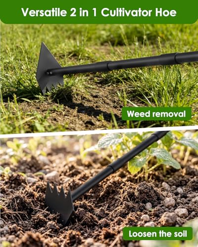 Luvenia 2-in-1 Hoe Garden Tool and Weed Puller Tool, 60 Inch Long Handle Garden Hoe Heavy Duty, Stainless Steel Triangle Hoe for Gardening Planting, Weeding, Digging, Loosening Soil, Sharp Edge - size: 60in