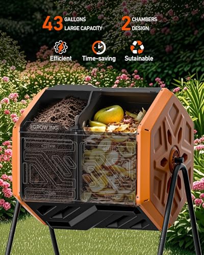 THE Growing 43 Gal Outdoor Compost Bin Tumbler with Thermometer, Orange - color: tangerine