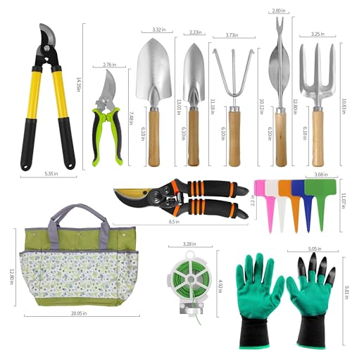 Gardening Tools – 42 Piece Premium Gardening Tool Set,Heavy Duty Hand Tools with Fashion Garden Tools Organizer Handbag,Rust-Proof Gardening Tool Kit, Ideal Gardening Gifts for All (Green Floral)