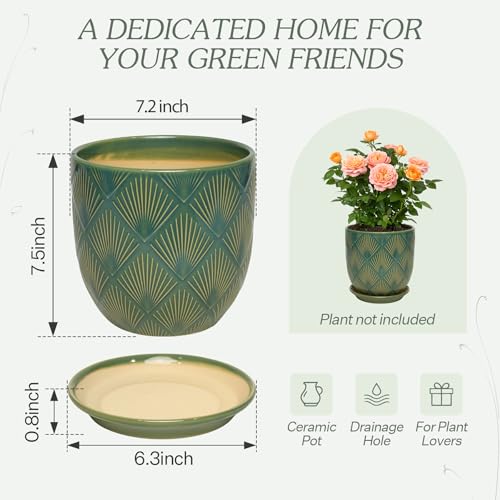 7.2 Inch Modern Ceramic Glaze Plant Pot with Drainage Hole,Mesh Net,Saucer,Indoor Outdoor Planter (Fan-Green) - color: Fan-green