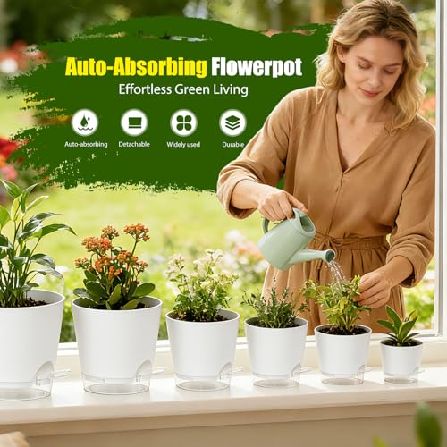 Plant Pots 4/5/5.5/6/6.5/7/8 Inch Self Watering Pots, 7 Pack Plastic Planters with Drainage Holes and Clear Saucers,Plastic Flower Pots,Nursery Planting Pot for Indoor Out Door Plants(White) - color: White, size: 4/5/5.5/6/6.5/7/8 inch
