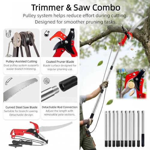 Manual Pole Saw for Tree Trimming, 13.7 Ft Extendable 2-in-1 Tree Pruner with Scissor and Steel Blade, Adjustable Long Handle Branch Cutter Pole Pruner and Pruning Saw for Yard Garden Patio