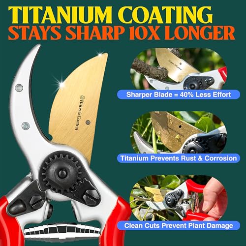 Haus & Garten ClassicPRO 8.5" Professional Premium Titanium Bypass Pruning Shears - Use As Pruners, Garden Shears, Heavy Duty Handheld Pruning Shears For Gardening, Clippers, Pruner Scissor Tool - color: Red