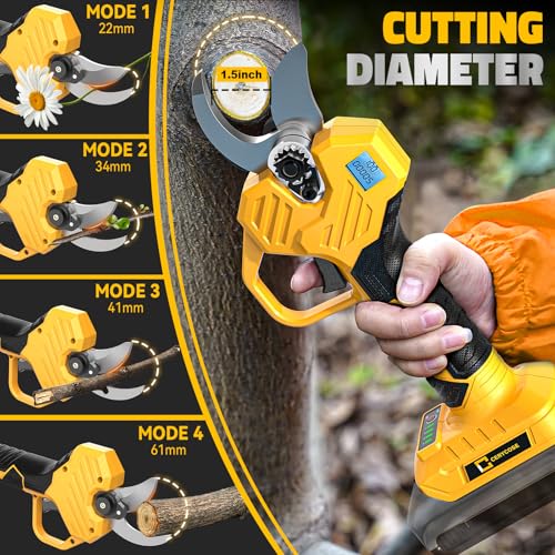 Cerycose Electric Pruning Shears Compatible with DeWalt 20v Battery, 0.8-2 Inch Max Cutting Diameter Electric Pruner with LCD Display & Imported SK7 Steel Blades for Gardening Tree Pruning(No Battery) - color: Yellow