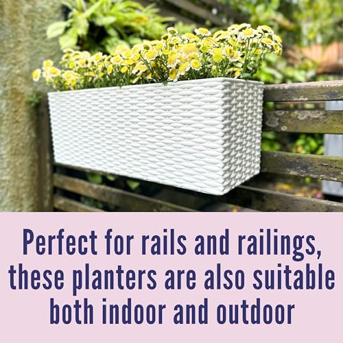LaLaGreen Deck Railing Planter Box (20 Inch, 4 Pack) White Rectangular Window Flower Boxes with Bracket, Self Watering System Hanging Planter Box for Outdoor Plant Container Herb Rail Fence Balcony - color: White X 4