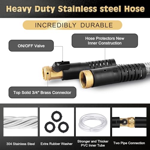 Metal Garden Hose 75FT Stainless Steel Heavy Duty Flexible Lightweight Water Hoses Pipe with 10-Function Spray Nozzle and 3/4" Solid Brass Fittings No Kink Durable for Outdoor Yard & Lawn - size: 75FT