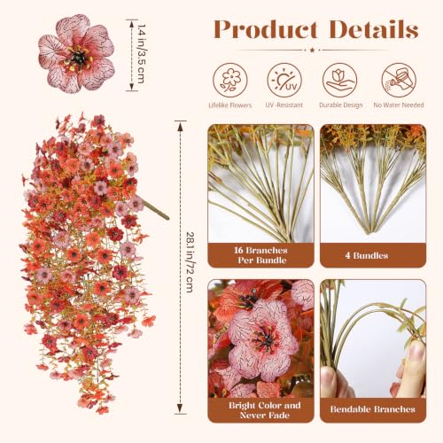 Alupssuc 4 PCS Fall Hanging Flowers Artificial for Outdoor Indoor Decor - color: Orange Brown Red Pink