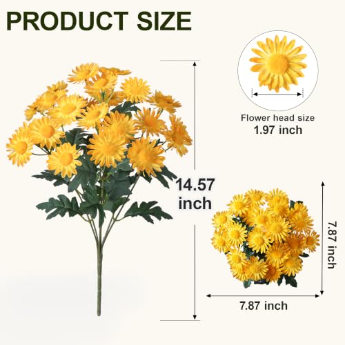 Artificial Fall Fake Outdoor Mums Flowers Plants for Summer Decoration, 6 PCS Faux Silk Yellow Gerbera Daisy UV Resistant No Fade Realistic for Planter Pot Porch Patio Balcony Garden Home Decor - color: Yellow Mums