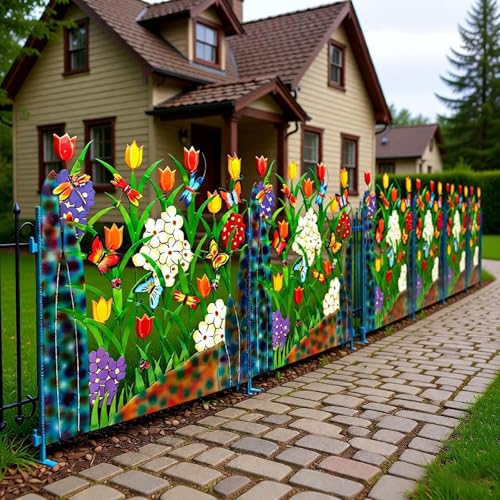 Decorative Garden Fence,Modern Flower and Butterfly Decorative Metal Garden Fence,Multicolor Landscape Path Border Panels Animal Barrier (B(11.81 * 10.62inch))