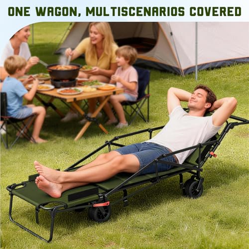 LEVELEVE Heavy Duty Folding Wagon - 2-in-1 Collapsible Cart, All-Terrain Wheels w/Brakes & Side Pockets (Army Green,650lb Capacity) - color: Army Green, size: Large