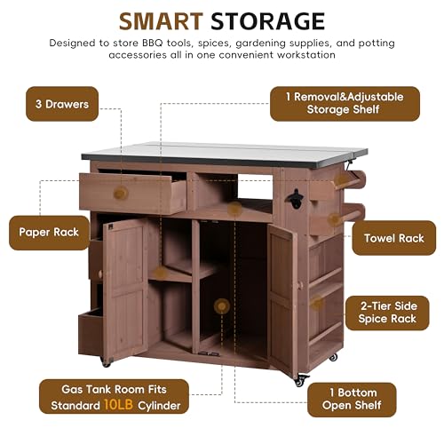 GDFStudio Winford Patio Kitchen Island Cart with Extendable Top, Wooden Outdoor Storage Cabinet with Stainless Steel BBQ Prep Table Top, Drawers, Spice Rack and Lockable Wheels, Potting Bench, Brown - color: Brown
