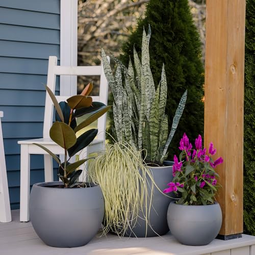 Beuta Large Poly Planters for Outdoor Plants - Set of 3, 8/12/14 Inches Outdoor Planters for Porch - Tall Planter for Outdoor & Indoor Plants | Large Indoor Plant Pot - USA Made - Grey - color: Basin - Grey
