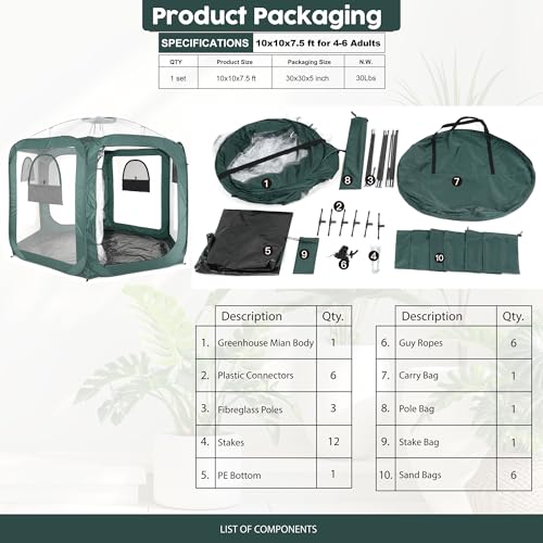 Porayhut Pop up Greenhouse Tent,Portable Large Walk-in Plant House 10’X10’ ,Indoor Outdoor Gardening Plant Sunshine Room with PVC Mesh Cloth Cover for Protecting Plant from Cold Frost & Birds - style: 90.6"Tall Green Greenhouse