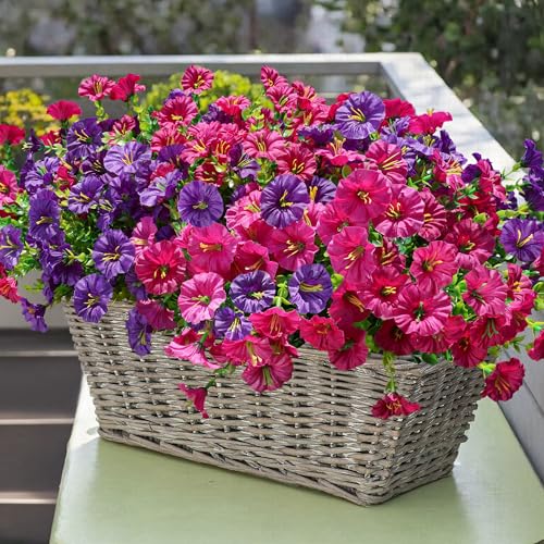 Artificial Flowers Fake Plants for Outdoors Decoration, 12 Bundles Silk Morning Glory with Eucalyptus Realistic UV Resistant Faux Flowers for Outside Planter Porch Yard Patio Garden Home Indoor, Mix - color: 6 Purple, 6 Fuchsia