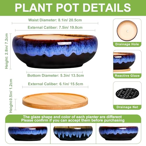 SQOWL 7 Inch Round Ceramic Succulent Planter Pot Drip Glazed Shallow Planter with Drainage Bamboo Tray for Indoor Plants - color: Black and Blue, size: 8 Inch