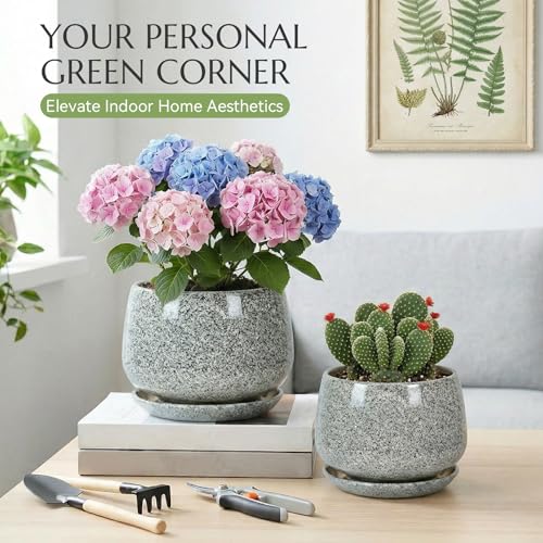 10.3 Inch Flower pots for Indoor Outdoor Plants with Saucer Drainage Leak-Proof Mesh, Ceramic Planter with Gardening Gloves for Succulent and Flower (Gray White) - color: Gray White, size: 10.3 Inch