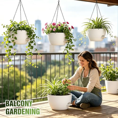 10 Inch Self-Watering Hanging Planters Set of 3 with Saucers - color: White, size: 10 Inch 3 Pack