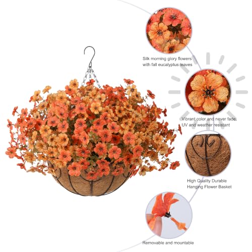 HyeFlora Artificial Flowers with Hanging Basket Planter for Home Decoration, Daisy with Eucalyptus Leaves Outdoor Indoor Garden Yard, Metal Coconut Lining Basket with Faux Plant (Fall-OrangeYellow) - color: Fall-orangeyellow